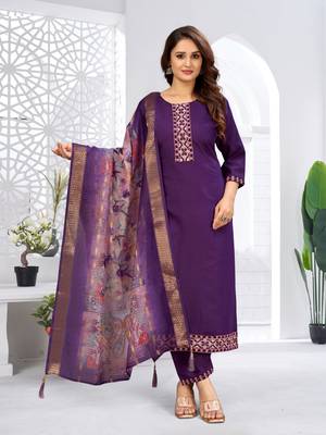 Purple color viscose vertican fabric embroidery work kurta set with digital printed jaquard dupatta 2