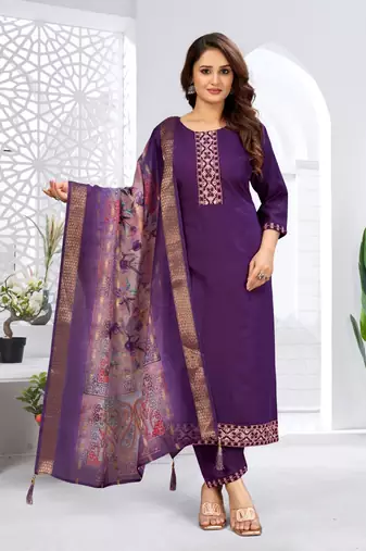 Purple color viscose vertican fabric embroidery work kurta set with digital printed jaquard dupatta