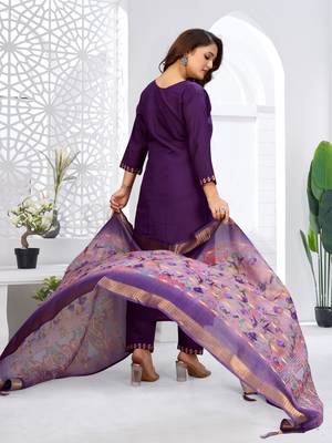 Purple color viscose vertican fabric embroidery work kurta set with digital printed jaquard dupatta 3