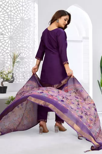 Purple color viscose vertican fabric embroidery work kurta set with digital printed jaquard dupatta