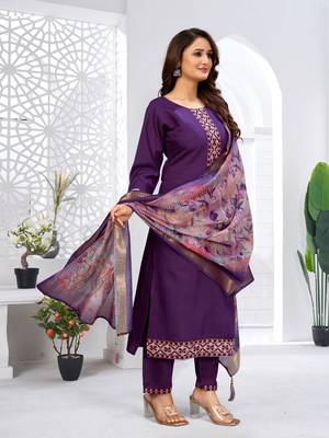 Purple color viscose vertican fabric embroidery work kurta set with digital printed jaquard dupatta 4