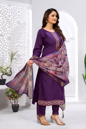 Purple color viscose vertican fabric embroidery work kurta set with digital printed jaquard dupatta