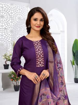 Purple color viscose vertican fabric embroidery work kurta set with digital printed jaquard dupatta 5
