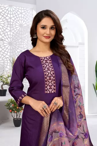 Purple color viscose vertican fabric embroidery work kurta set with digital printed jaquard dupatta