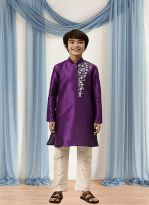 Cream churidar purple kurta for kid"s 1