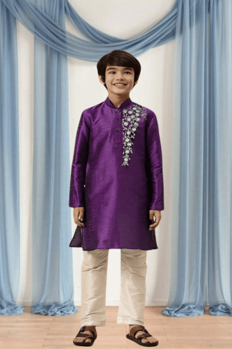 Cream churidar purple kurta for kid"s