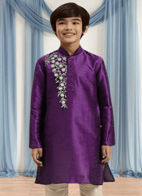 Cream churidar purple kurta for kid"s 3