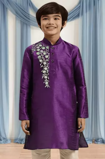 Cream churidar purple kurta for kid"s