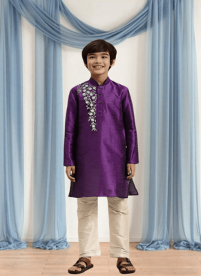 Cream churidar purple kurta for kid"s 4