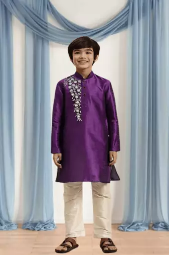 Cream churidar purple kurta for kid"s