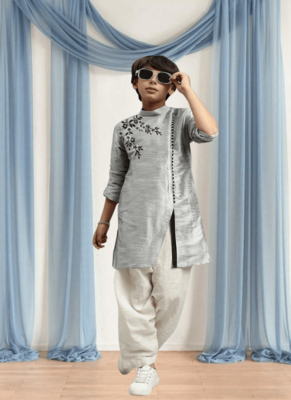 Cream pyjama grey kurta for kid"s 1