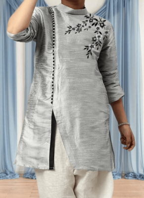 Cream pyjama grey kurta for kid"s 2
