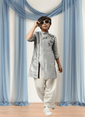 Cream pyjama grey kurta for kid"s 4