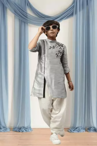 Cream pyjama grey kurta for kid"s