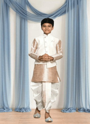 Off white patiala white jacket kurta set for kid"s 1