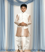 Off white patiala white jacket kurta set for kid"s