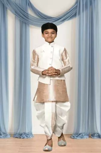 Off white patiala white jacket kurta set for kid"s