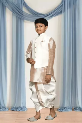 Off white patiala white jacket kurta set for kid"s