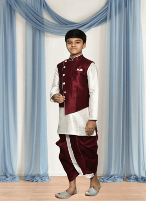 Maroon patiala maroon jacket kurta set for kid"s 3