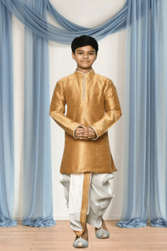 Off white patiala gold kurta for kid"s
