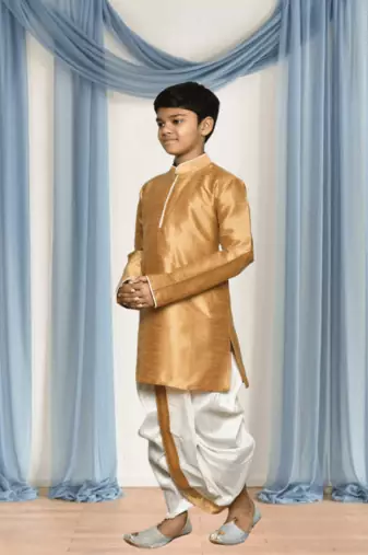 Off white patiala gold kurta for kid"s
