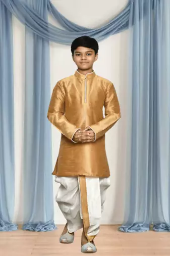 Off white patiala gold kurta for kid"s