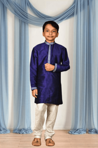 Cream churidar blue kurta for kid"s