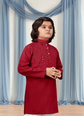 Off white churidar maroon kurta for kid"s 1