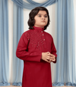 Off white churidar maroon kurta for kid"s