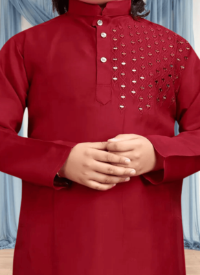 Off white churidar maroon kurta for kid"s 2