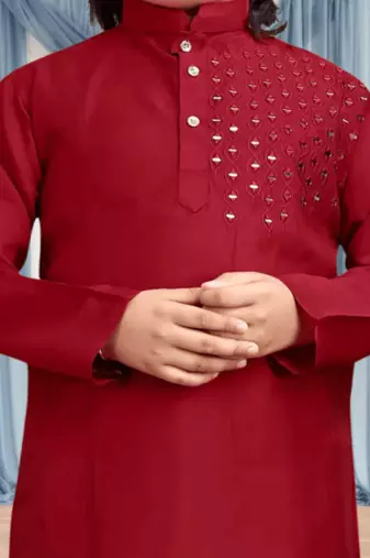 Off white churidar maroon kurta for kid"s