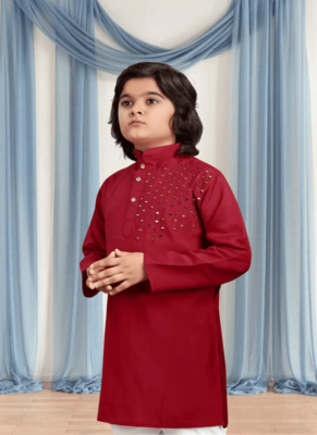 Off white churidar maroon kurta for kid"s 4