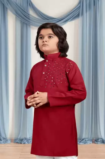 Off white churidar maroon kurta for kid"s