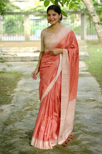 Orange women soft tussar silk with printed kantha weaving saree with unstitched blouse