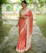 Orange women soft tussar silk with printed kantha weaving saree with unstitched blouse