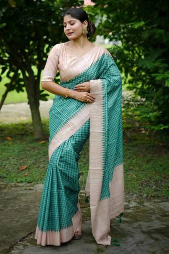 Rama women soft tussar silk with printed kantha weaving saree with unstitched blouse