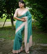 Rama women soft tussar silk with printed kantha weaving saree with unstitched blouse