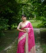 Pink women soft tussar silk with printed kantha weaving saree with unstitched blouse