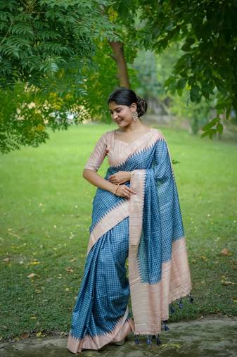 Blue women soft tussar silk with printed kantha weaving saree with unstitched blouse