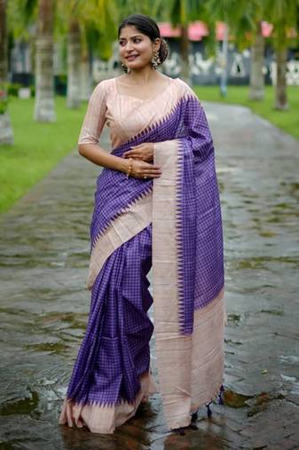 Purple women soft tussar silk with printed kantha weaving saree with unstitched blouse