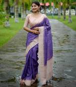Purple women soft tussar silk with printed kantha weaving saree with unstitched blouse