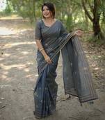 Grey soft khadi tussar silk with traditional thread work saree with unstitched blouse