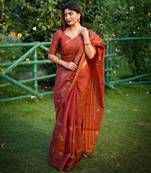 Orange soft khadi tussar silk with traditional thread work saree with unstitched blouse