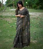 Black soft khadi tussar silk with traditional thread work saree with unstitched blouse
