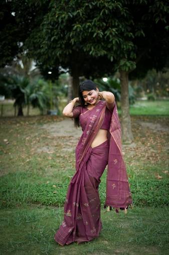 Onionpink soft khadi tussar silk with traditional thread work saree with unstitched blouse