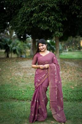 Onionpink soft khadi tussar silk with traditional thread work saree with unstitched blouse 3