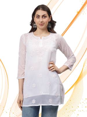 Seva chikan hand embroidered white georgette lucknowi chikankari top with slip 1
