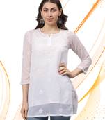 Seva chikan hand embroidered white georgette lucknowi chikankari top with slip