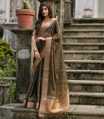 Coffee kalyani silk blend zari weaving saree with unstitched blouse
