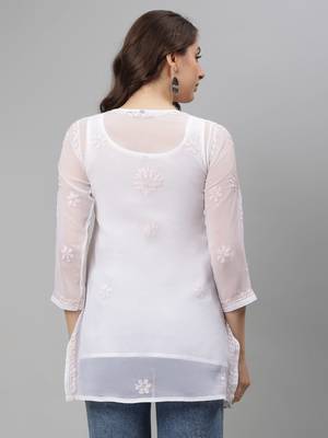 Seva chikan hand embroidered white georgette lucknowi chikankari top with slip 2